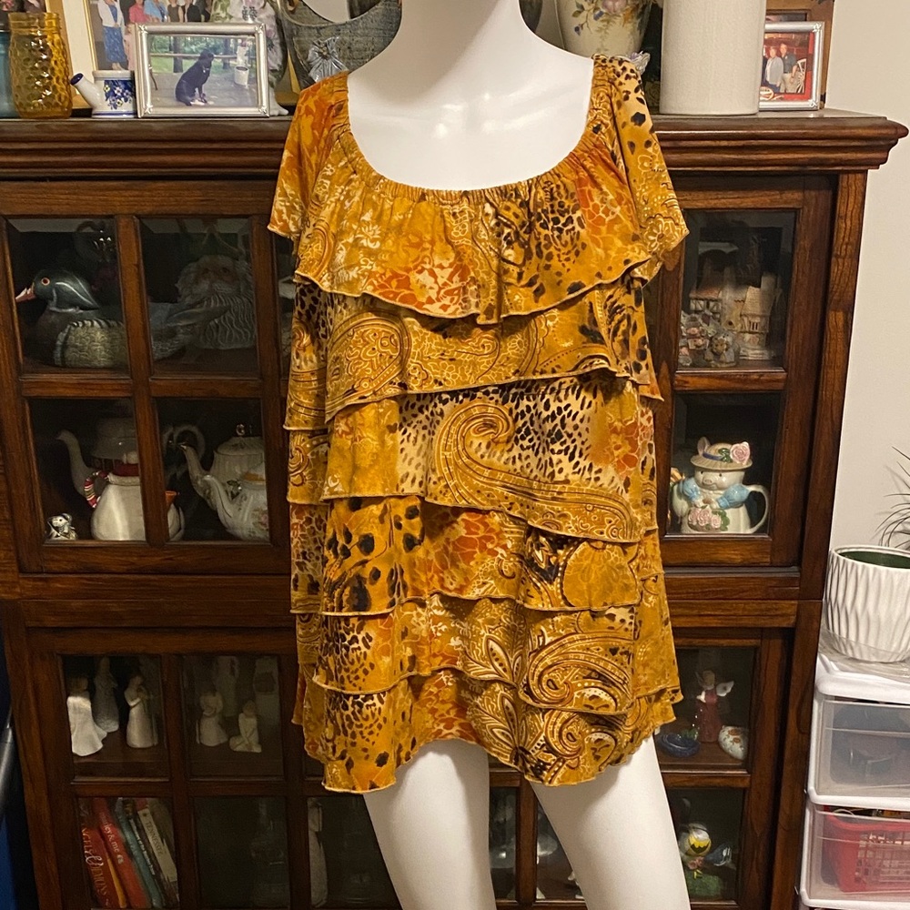 Cato Golden Animal Print Tiered Blouse